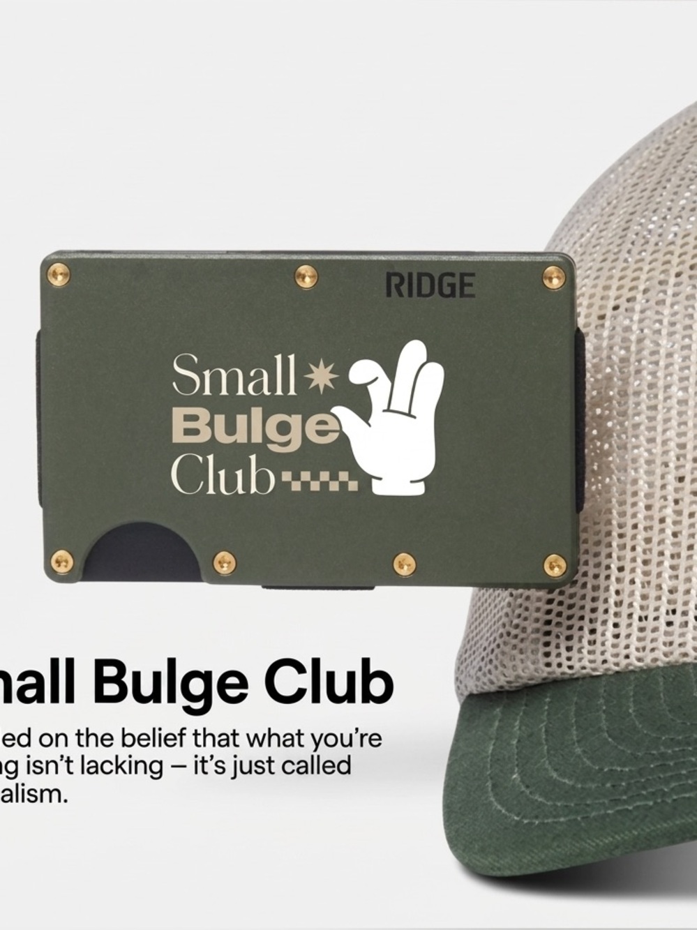 🔥RIDGE WALLET | “SMALL BULGE CLUB” MATTE OLIVE WALLET w/GOLD PVD SCREWS+SNP HAT
